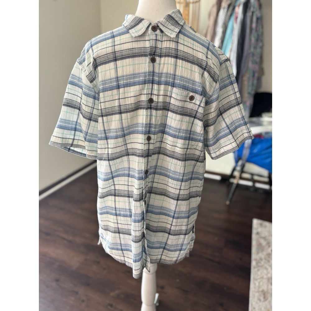 Patagonia Button Down Shirt Short Sleeve Blue White Plaid Organic Cotton Medium